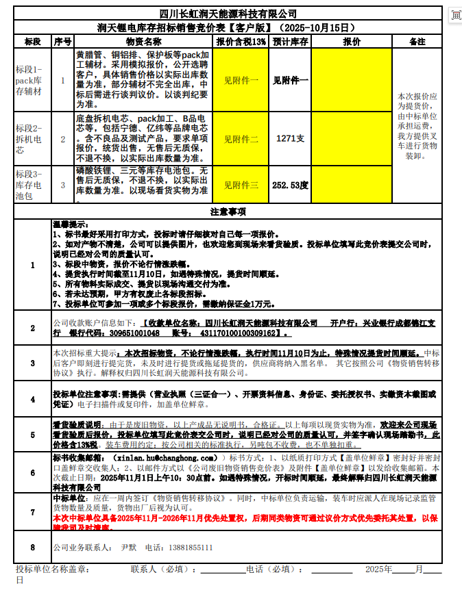 四川長虹潤天能源科技有限公司-潤天鋰電庫存招標(biāo)銷售競價表